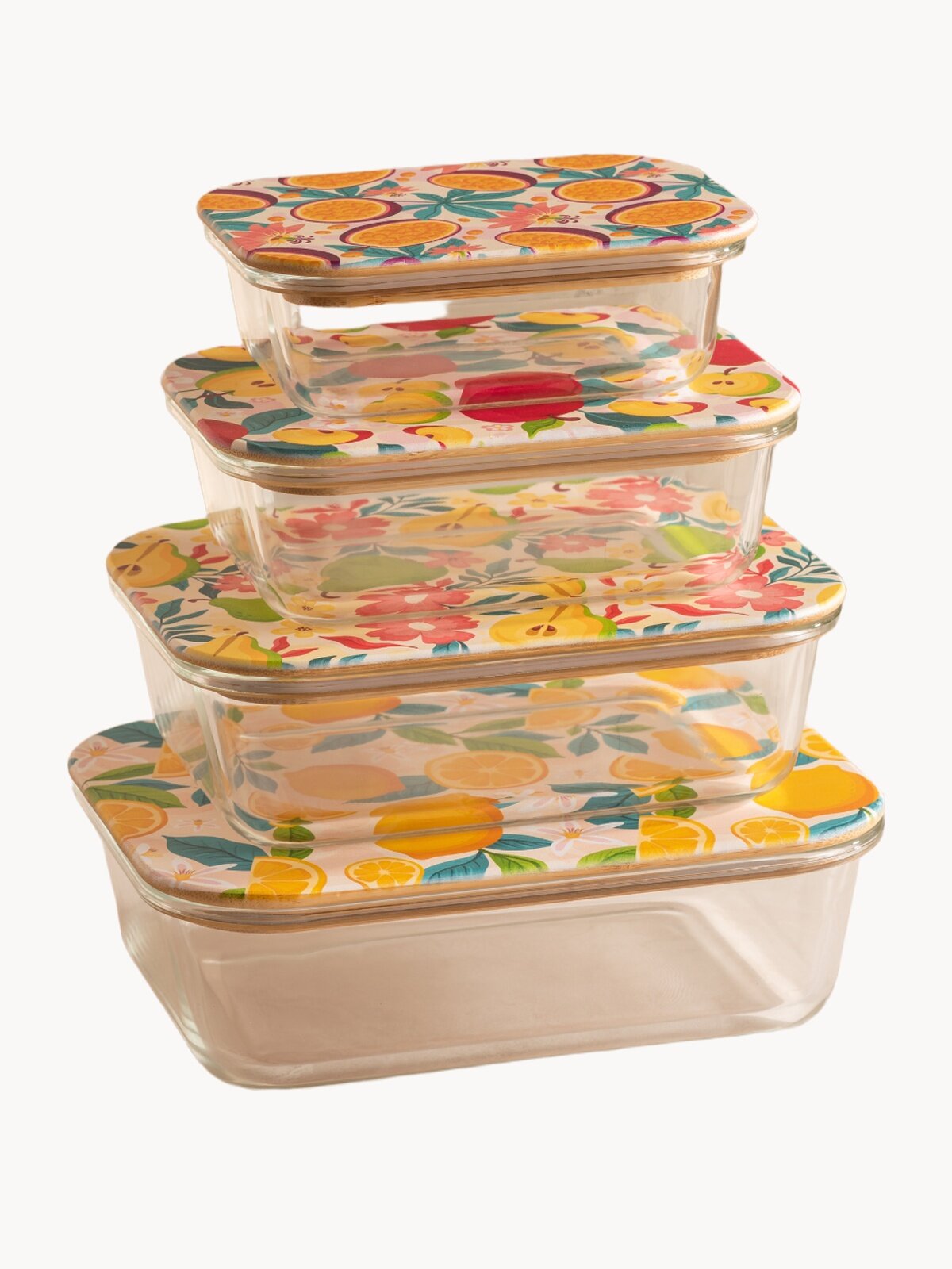 Набор стеклянных контейнеров для еды Rohaus с цветной крышкой из бамбука 4 штуки: 370мл, 650мл, 1000мл, 1500мл