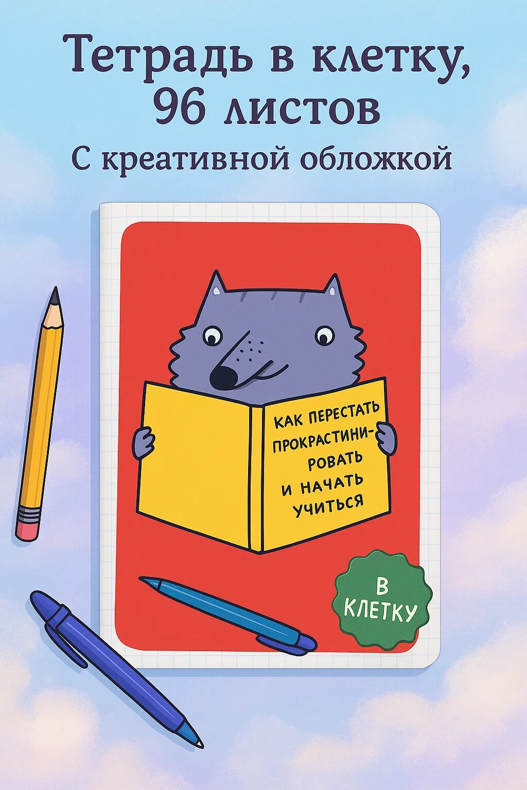 Тетрадь в клетку с креативной обложкой «Как перестать прокрастинировать и начать учиться» — 96 листов