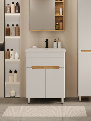 Изображение товара Тумба напольная без раковины Vannika Bliss 70 для ванной комнаты, белая, дуб вотан