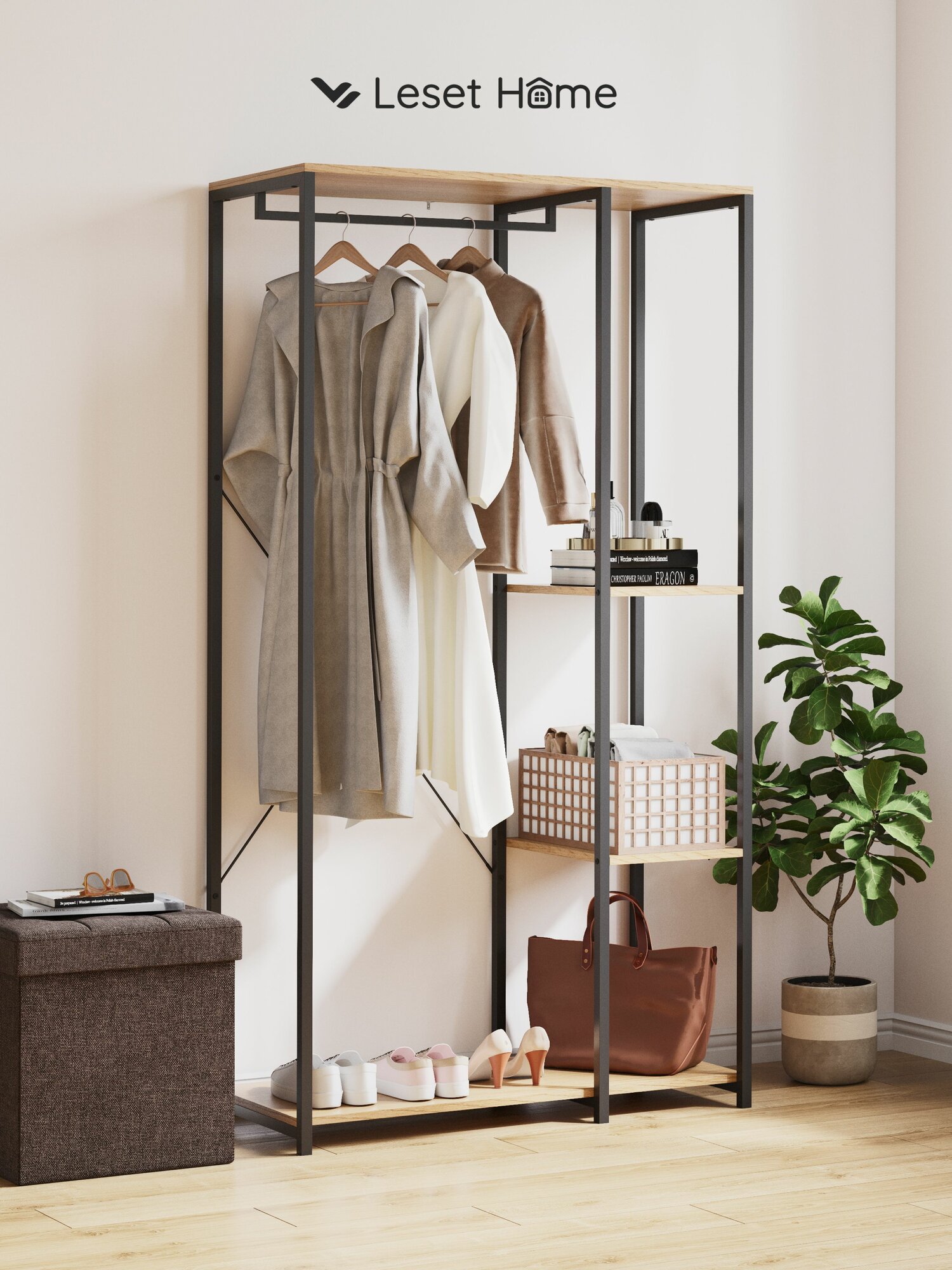 Вешалка металлическая напольная широкая Вудми  3 полки  Дуб модерн