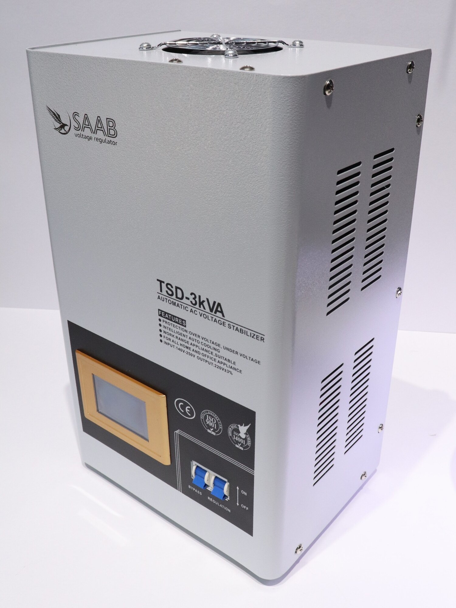 Стабилизатор напряжения, латорный, "SAAB", 3KVA, однофазный, ЖК-дисплей, принудительное охлаждение