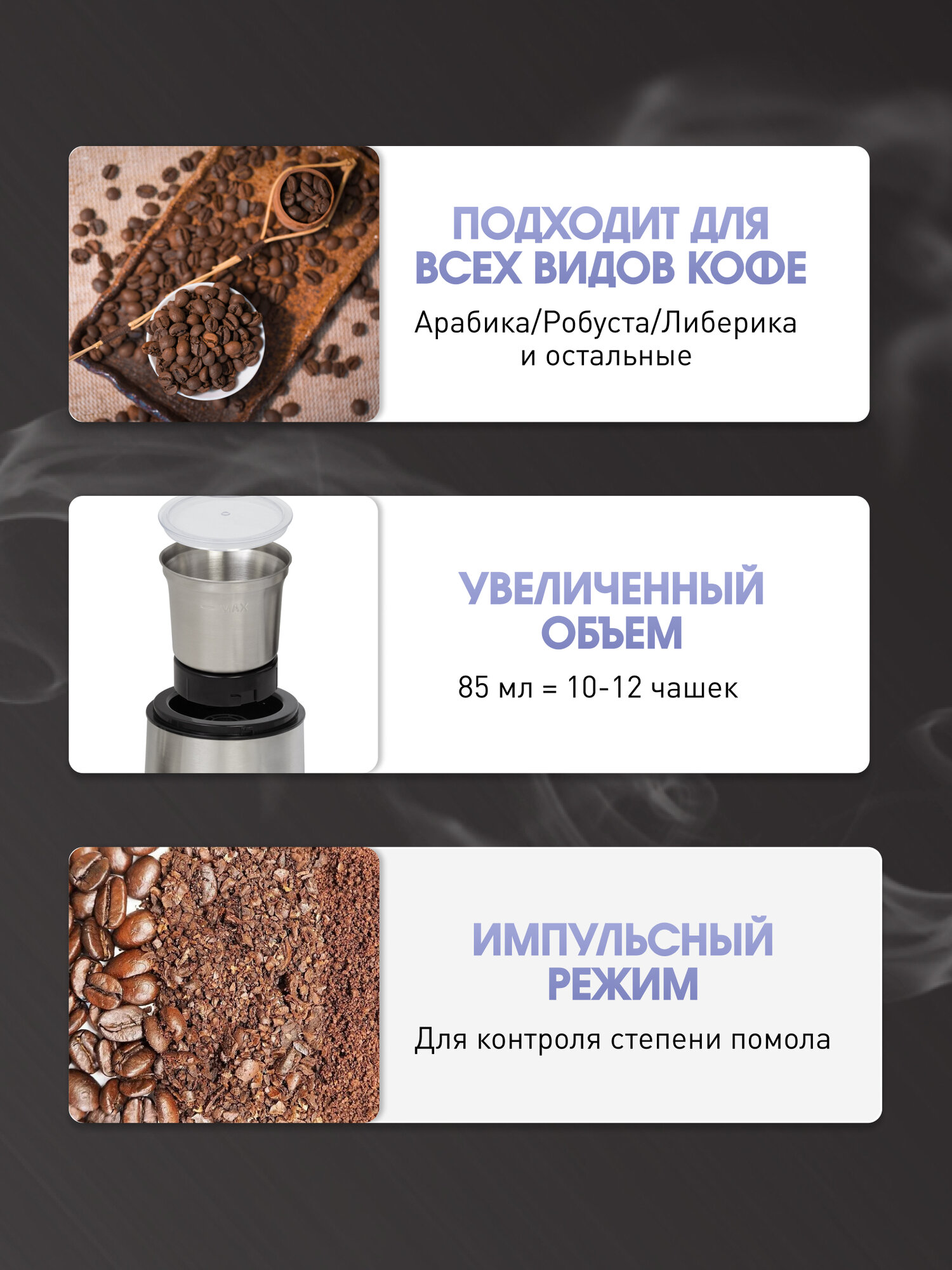 Кофемолка электрическая Zigmund & Shtain ZCG-10, ротационная, 250 Вт, стальной — фото 1