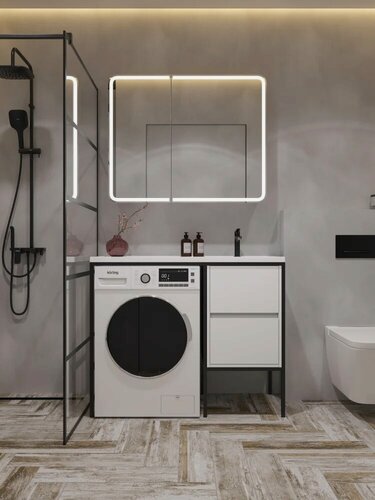 Изображение товара Раковина над стиральной машиной STWORKI Флом 110 Правая с левым крылом, на кронштейне, белая, глянцевая, раковина для ванной из литьевого мрамора, прямоугольная, со скрытым сливом