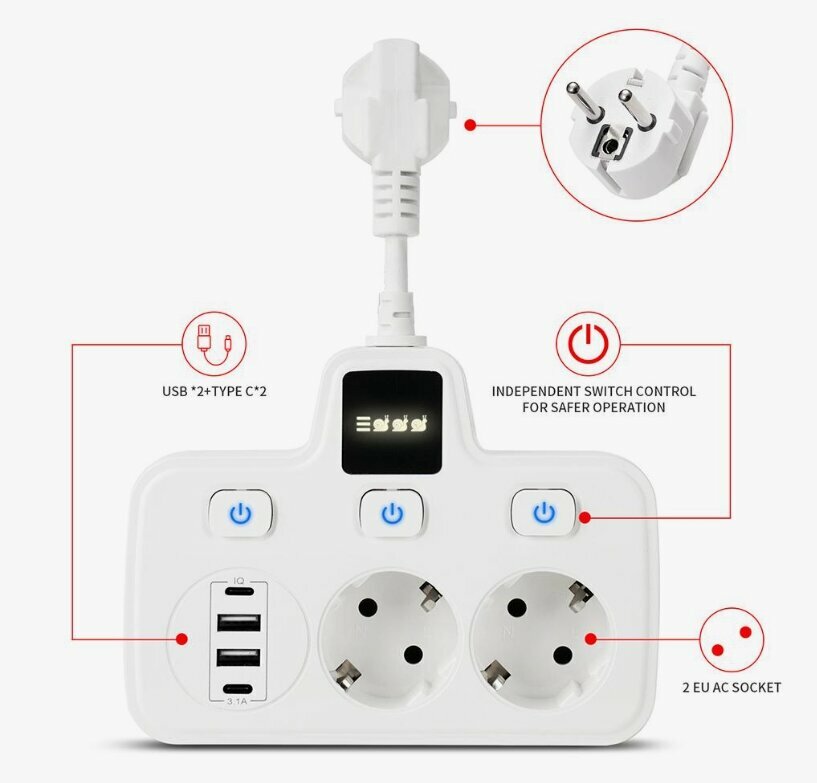 Двойник, 2 евророзетки, удлинитель, зарядное устройство, 6 в 1, USB, Type-C, белый