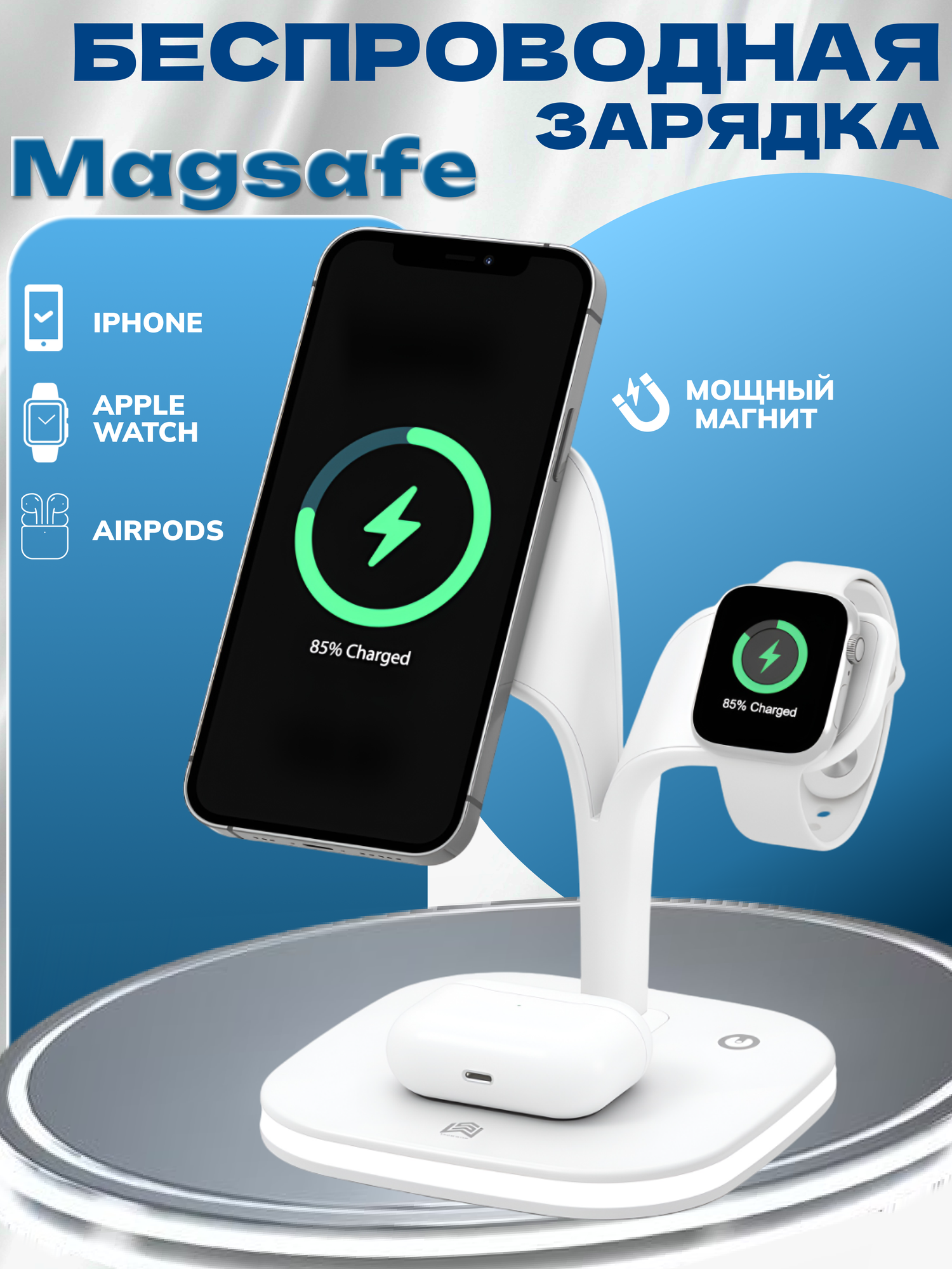 Беспроводная зарядка MagSafe для iPhone, AirPods, Apple Watch. Беспроводное зарядное устройство, ночник настольная лампа