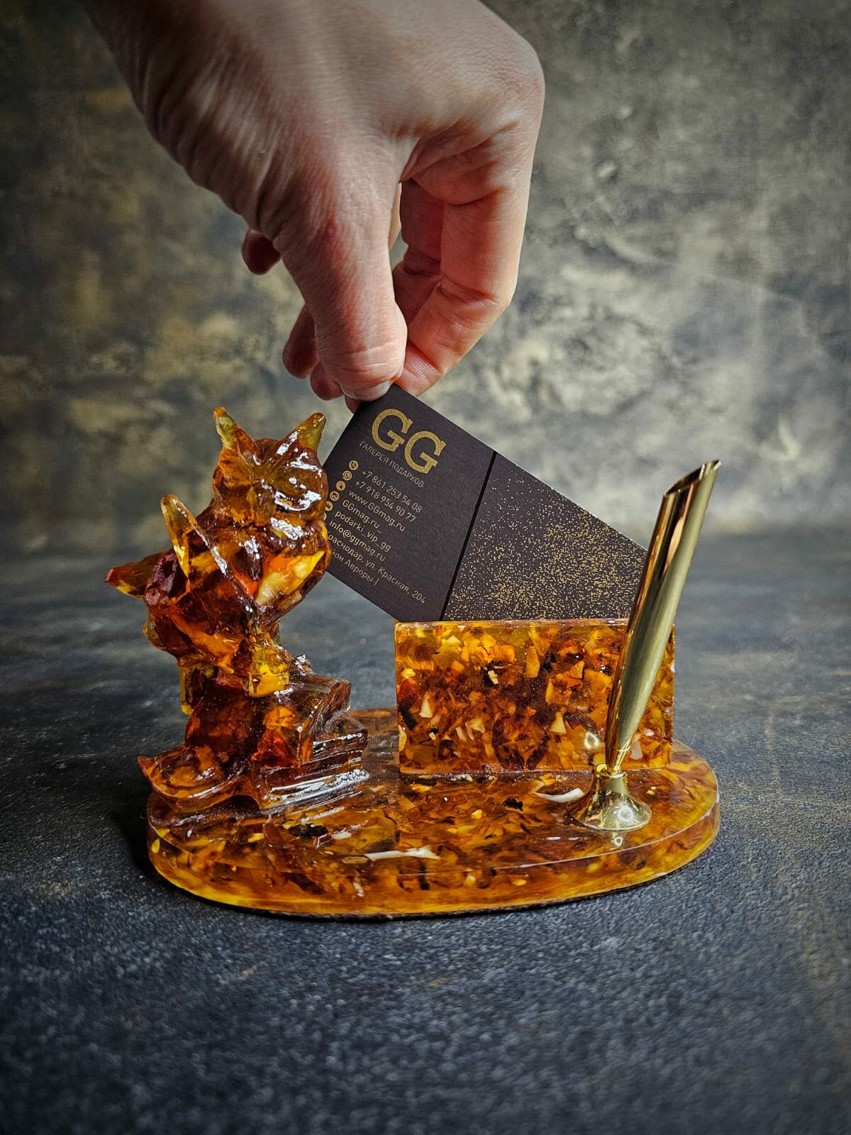 Настольный набор "Символ Мудрости Сова" янтарь, ювелирная смола