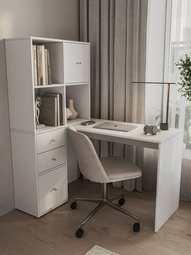 Изображение товара Стол компьютерный угловой стеллаж с полками и ящиками белый ЛДСП