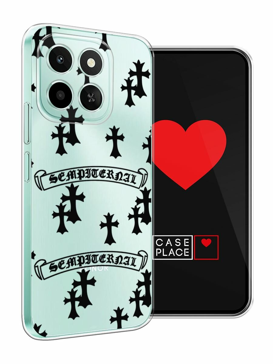 Чехол на Honor X6c / Хонор X6c с принтом "Кресты паттерн чёрный", прозрачный — фото 1