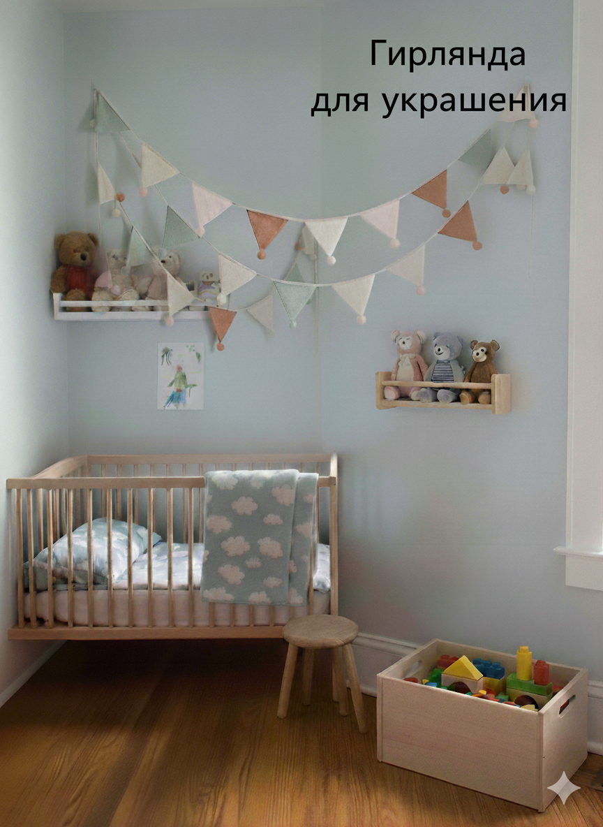 Декоративное украшение гирлянда из флажков Длина 2,55 м, текстильная гирлянда, гирлянда с помпонами : Пастельный микс — фото 1