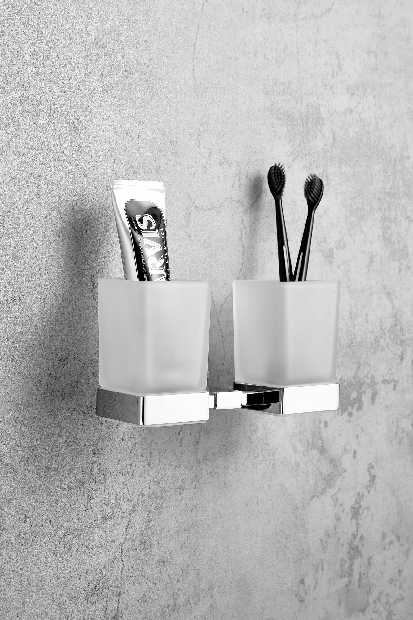 Стакан двойной для ванной комнаты зубных щеток стеклянный из нержавеющей стали хром BELZ B90208