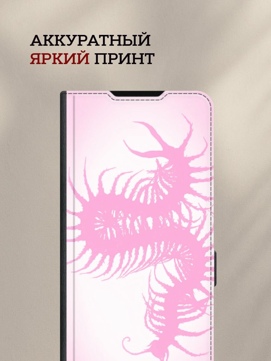 Чехол-книжка на Apple iPhone 16 Pro Max / Айфон 16 Про Макс с принтом Розовая многоножка, черный — фото 1