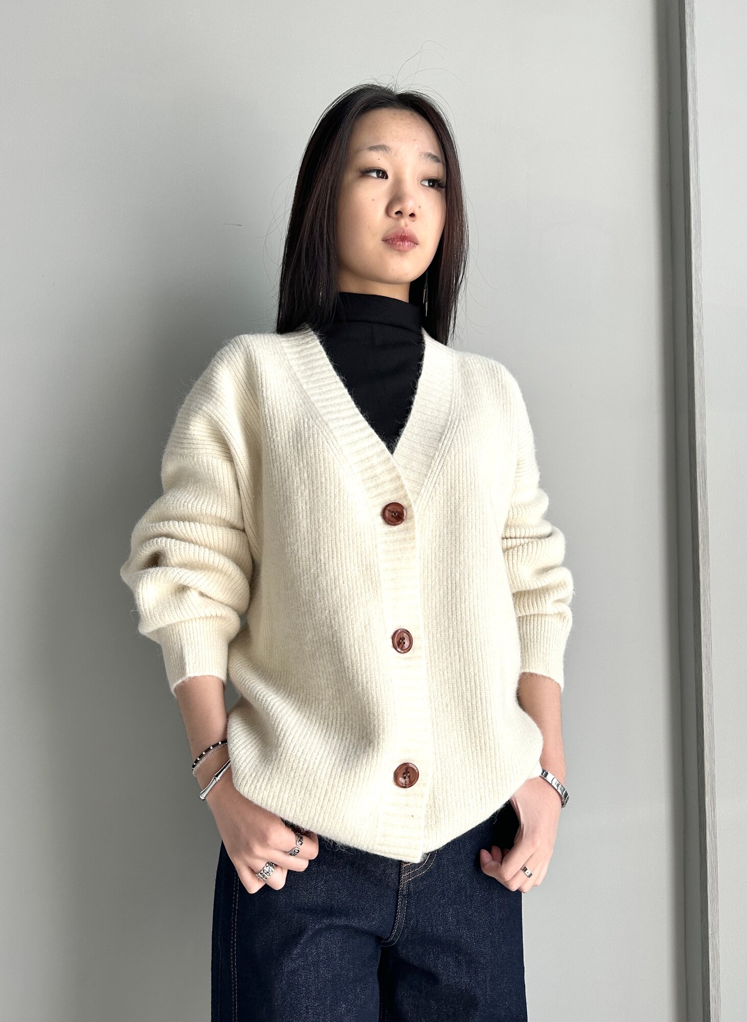 Кардиган INK Черный, молочный, бежевый, размер Std, молочный — фото 1