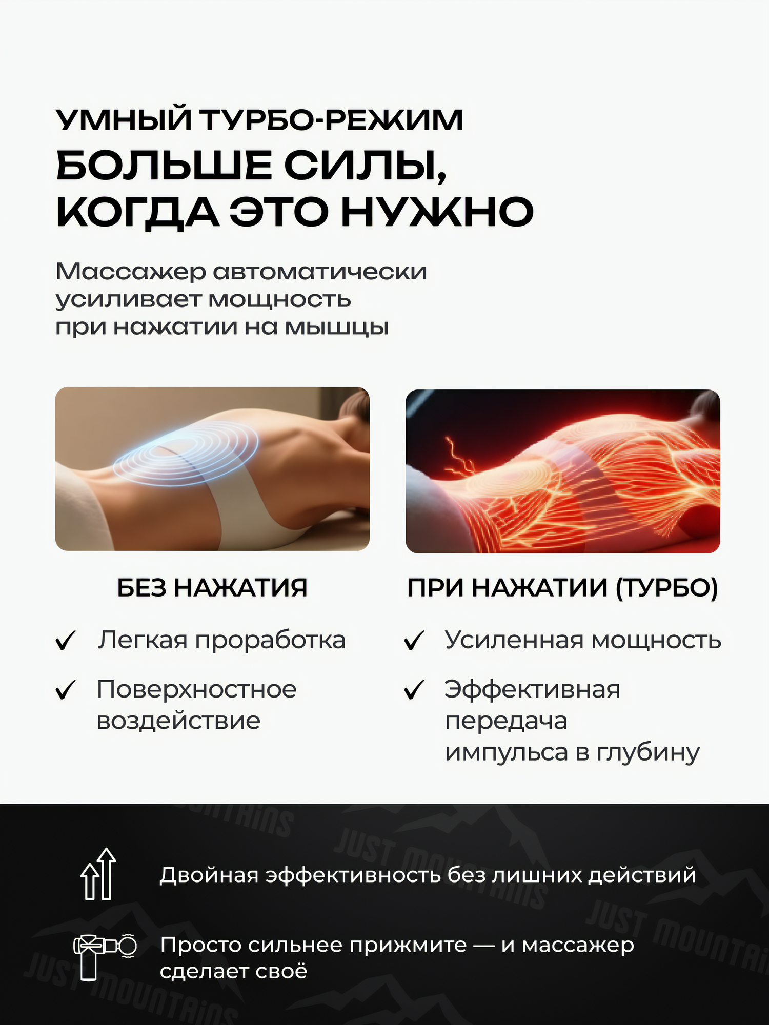 Перкуссионный Массажер Just Mountains для тела, рук, ног, 4 насадки, 6 режимов, мощность 25 Вт. Кейс — фото 1