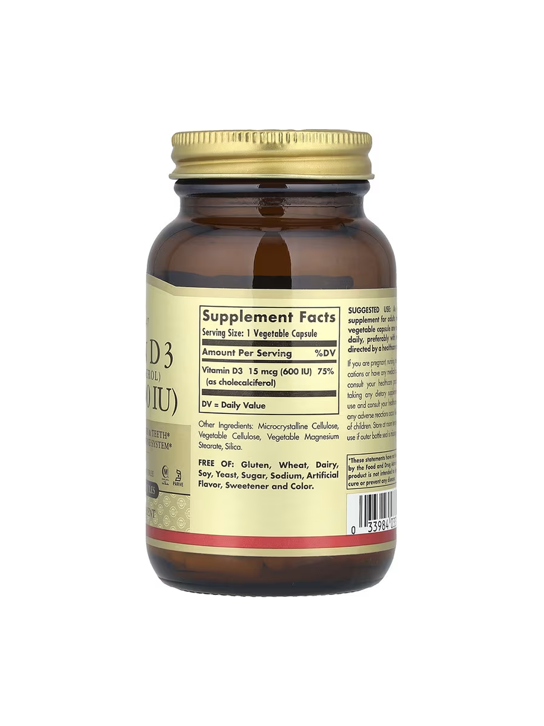 Витамин D3 600 ME Solgar – крепкие кости и иммунитет, 120 капсул — фото 1