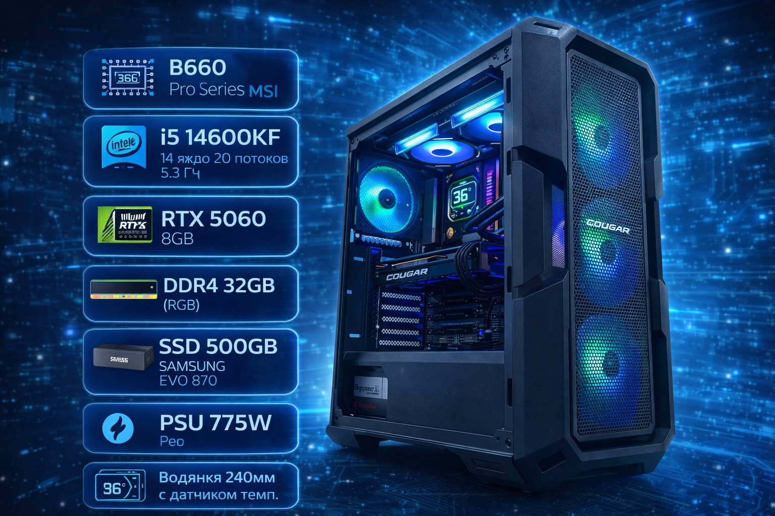 Флагманский игровой ПК | i5-14600KF + RTX 5060 | 32GB RGB