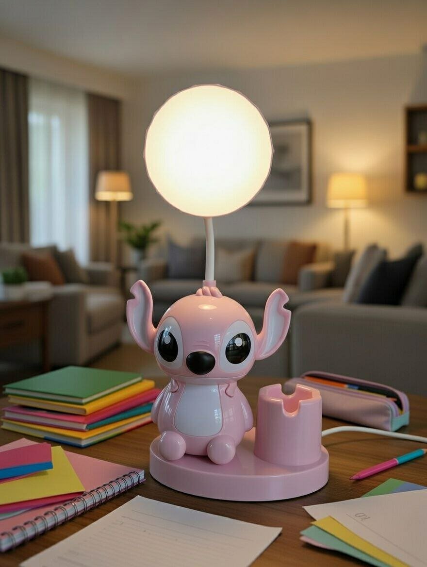 Настольная LED лампа для детей с подставкой для ручек, мультяшный дизайн, розовая