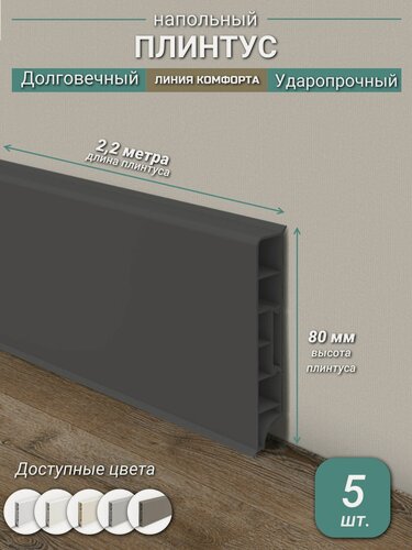 Изображение товара Плинтус Ideal, ПВХ, матовый, влагостойкий, ударопрочный, с кабель-каналом, 2,2 м, прямоугольный, Графит - 5 шт.