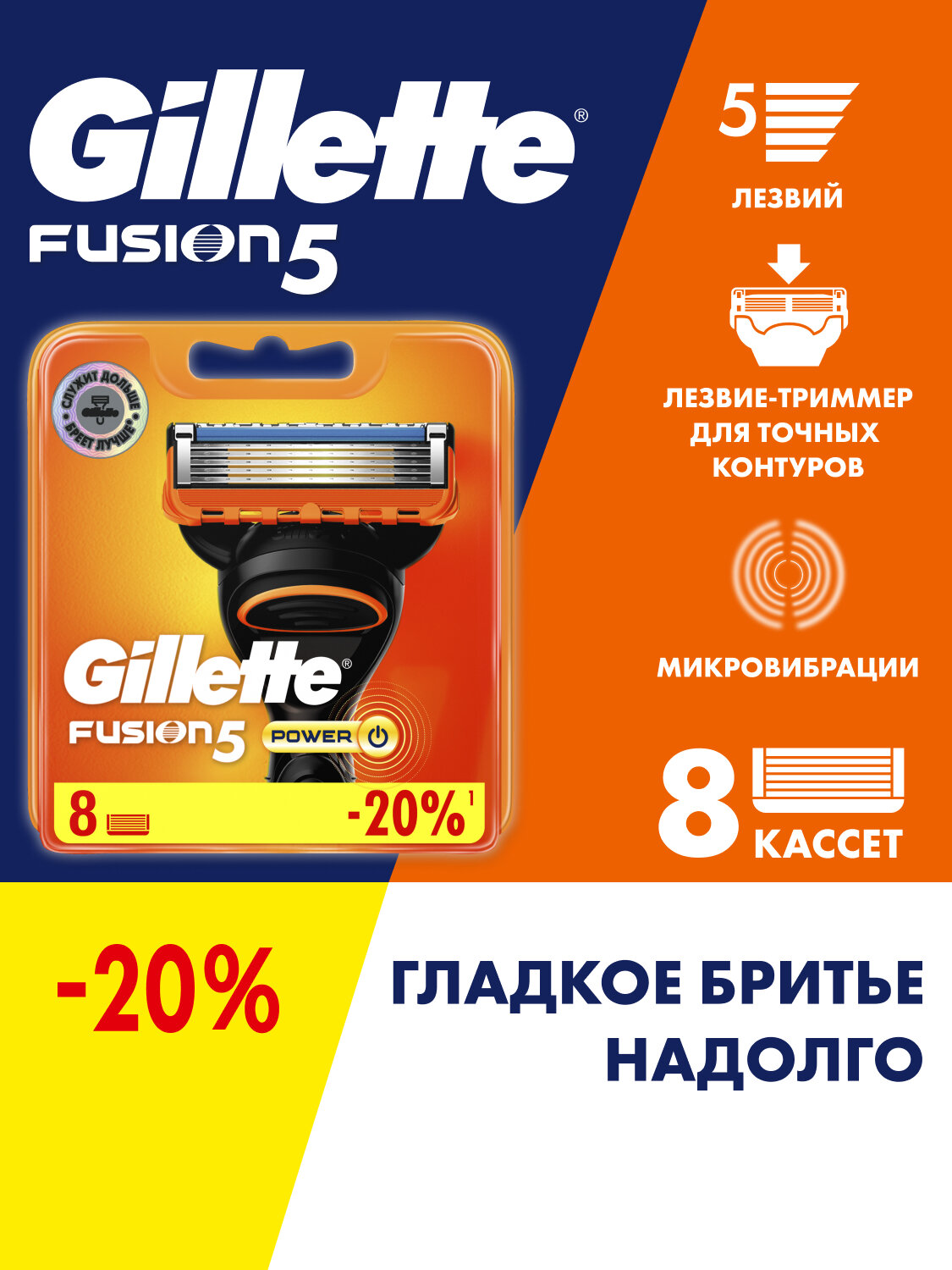 GILLETTE Fusion 5 Power Сменные кассеты для бритья с 5 лезвиями, мужские, 8 шт