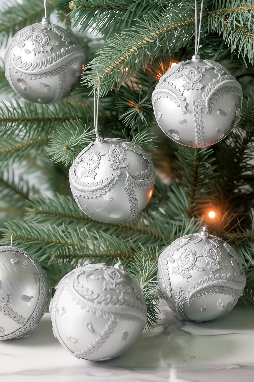 Набор ёлочных шаров романтический ноктюрн, полиэстер, серебряный, 8 см, 6 шт, Winter Deco 2007646