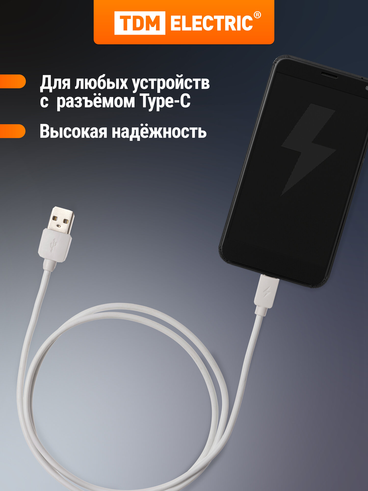 Дата-кабель, ДК 5, USB - USB Type-C, 1 м, белый, TDM — фото 1
