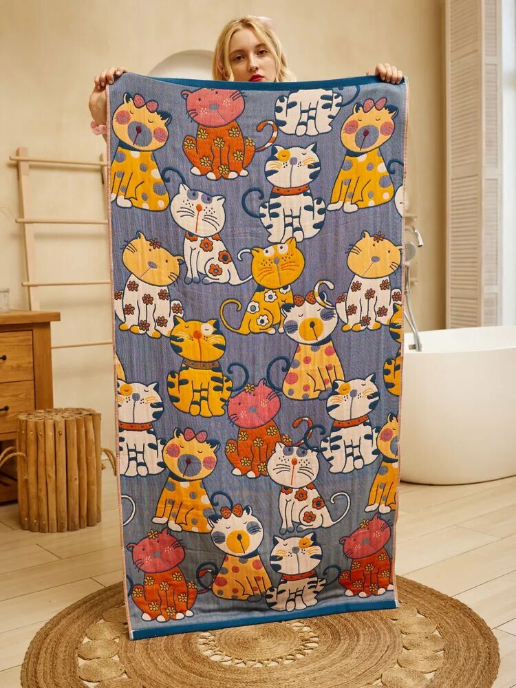 Пляжное полотенце муслин 80x160 см, коты, голубой, 1 шт, цвет желтый, Страна производства: Беларусь