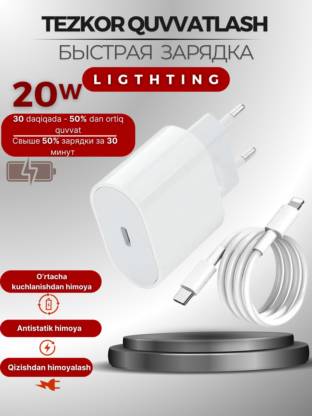 Зарядное устройство для iPhone, кабель Lightning, быстрая зарядка 20 Вт, 25 W