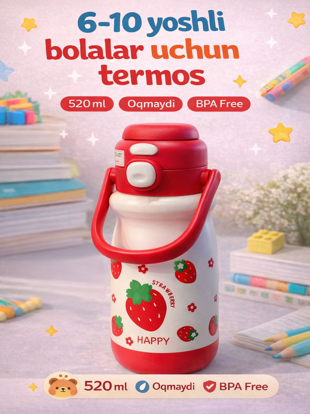 Детский термос 520 мл — 2 способа питья, не протекает, BPA Free