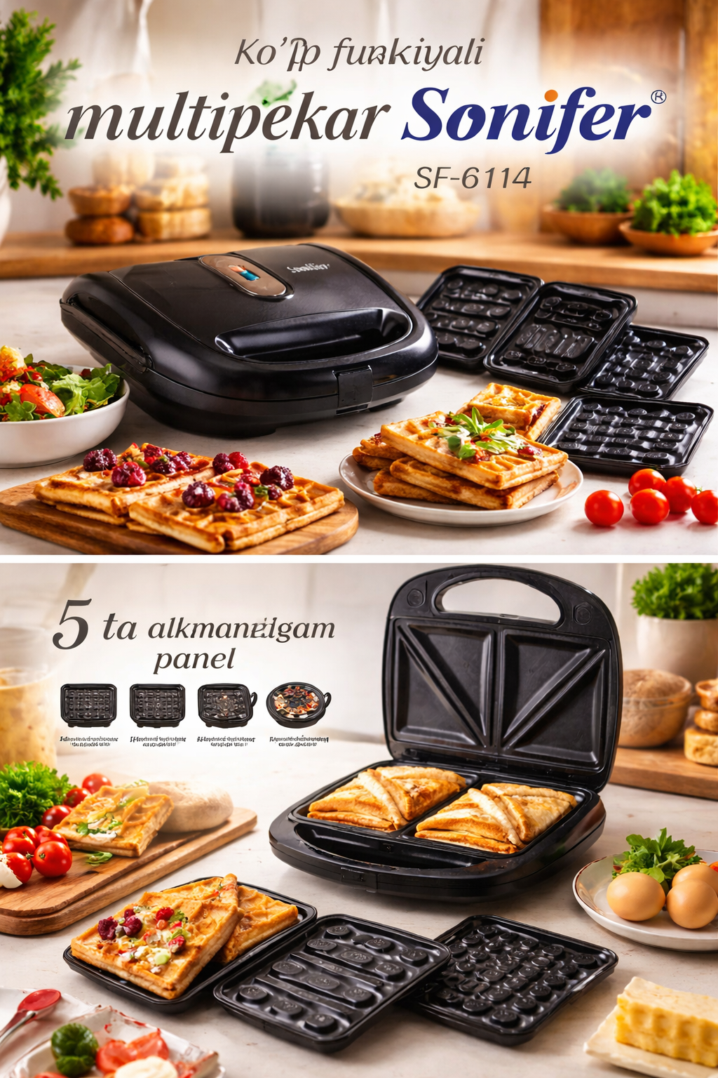 Сэндвичница / Мини-пекарня 5 в 1 Sonifer SF-6114 — мультипекарь с комплектом сменных панелей