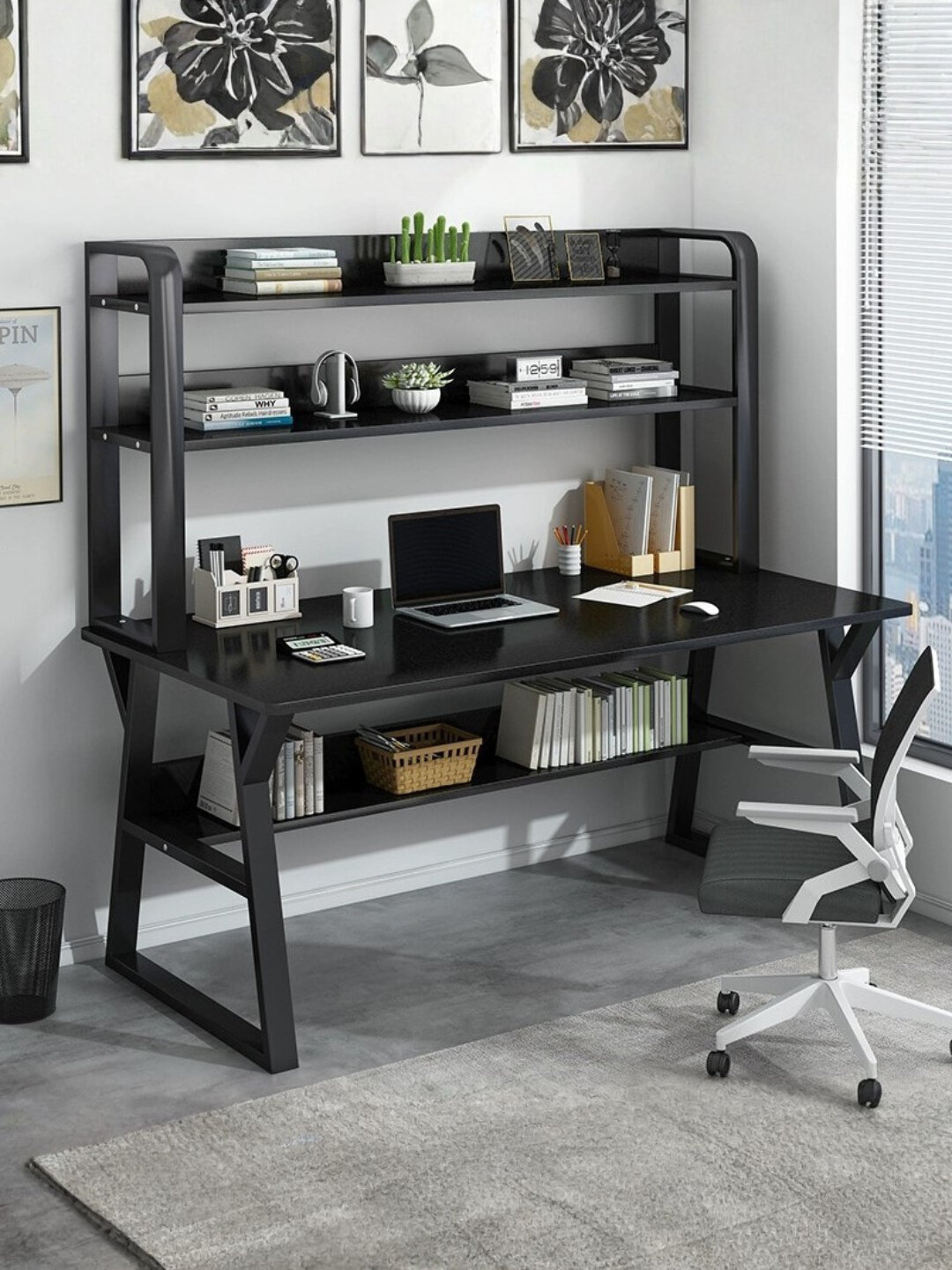 Многофункциональный письменный стол с надстройкой, компьютерный стол для дома и офиса - Черный