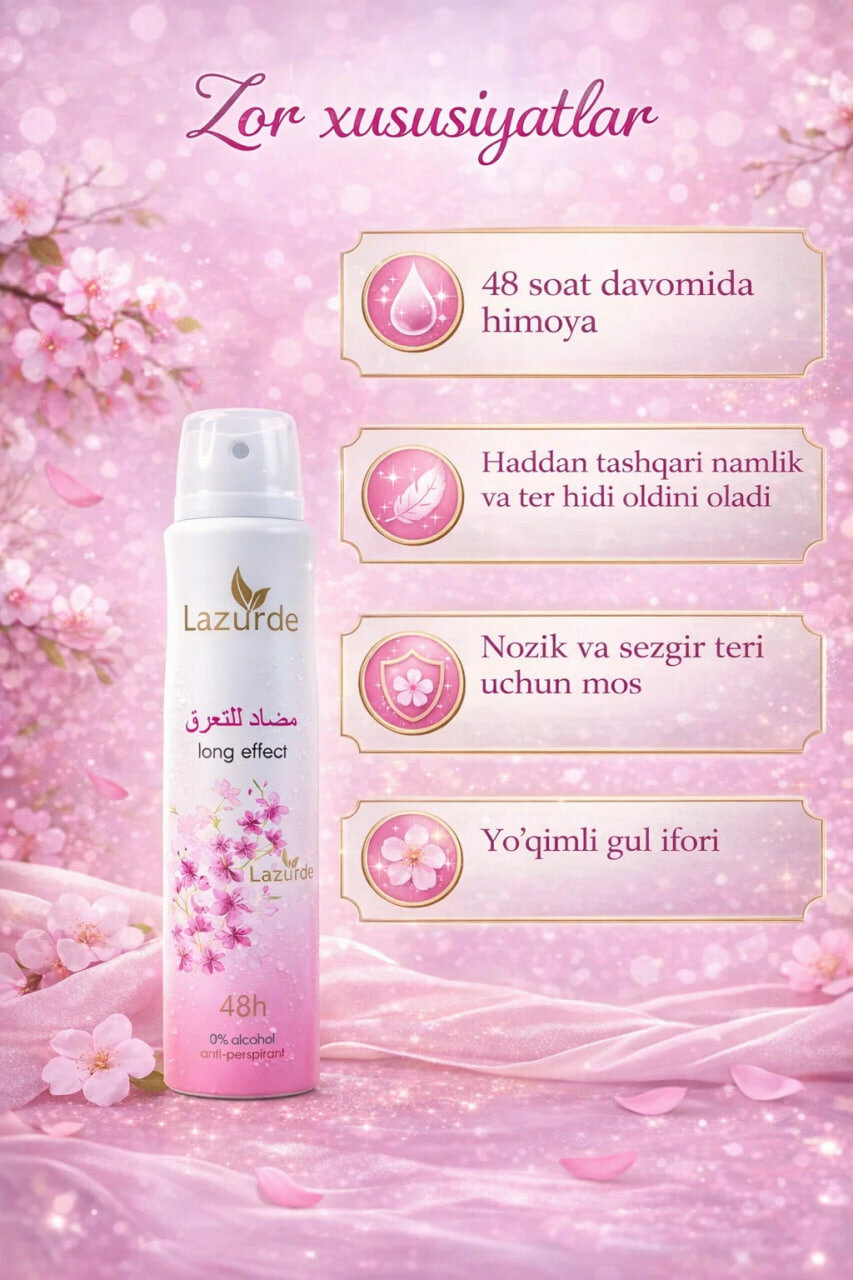 Женский дезодорант Lazurde: 48-часовая защита, безалкогольная формула, полезные для кожи свойства.