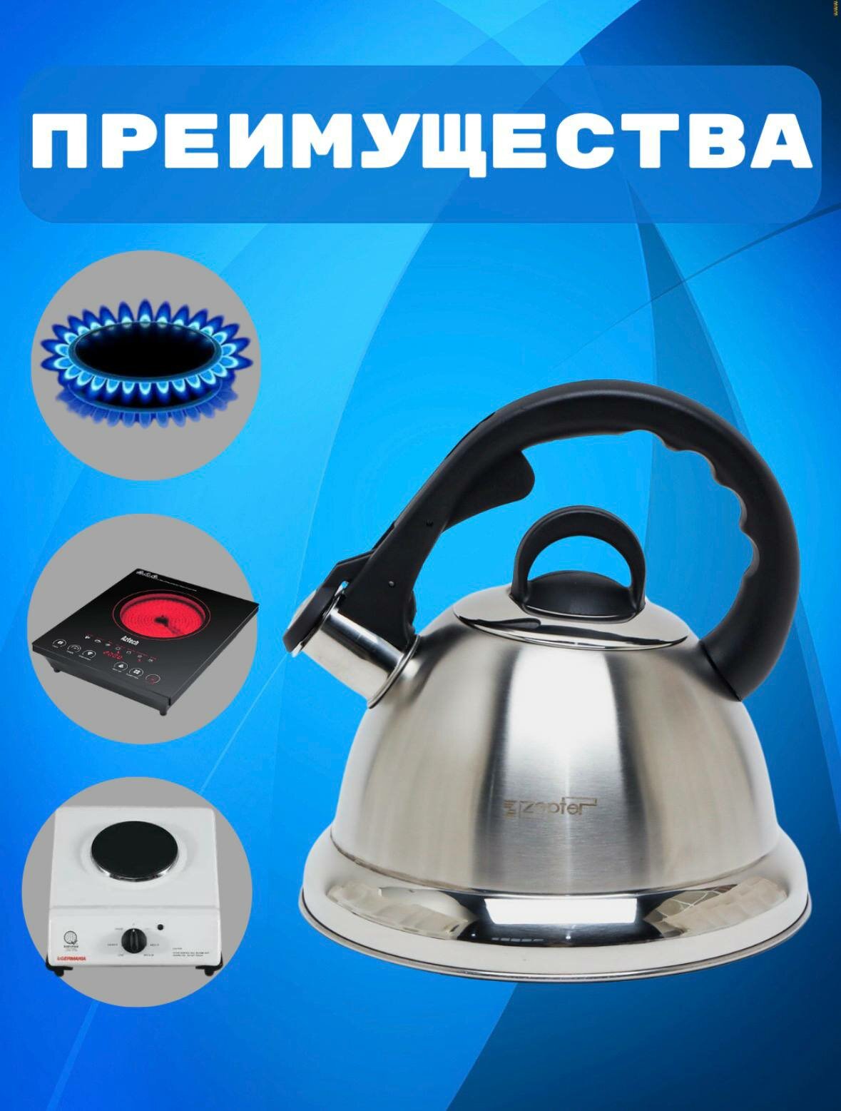 Чайник ZEPTER, металлический, со свистком для всех видов плит, 3.5 л