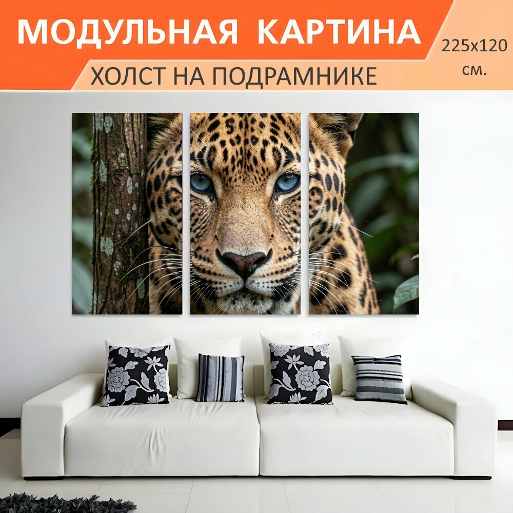 Модульная картина на холсте "Леопард в тропическом лесу. Крупный хищник с пронзительными голубыми глазами и пятнистой шерстью." триптих на подрамнике 225х120 см. для интерьера