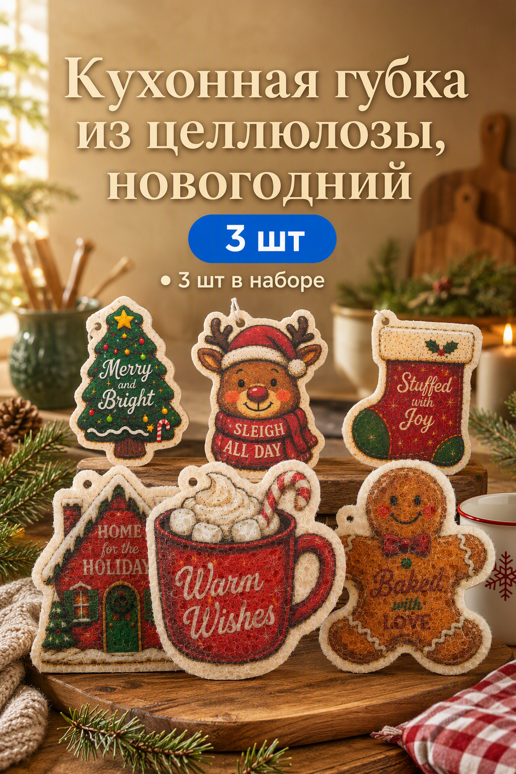Кухонная губка из целлюлозы, новогодний набор 3 шт, для мытья посуды и удаления загрязнений, для кухни и дома