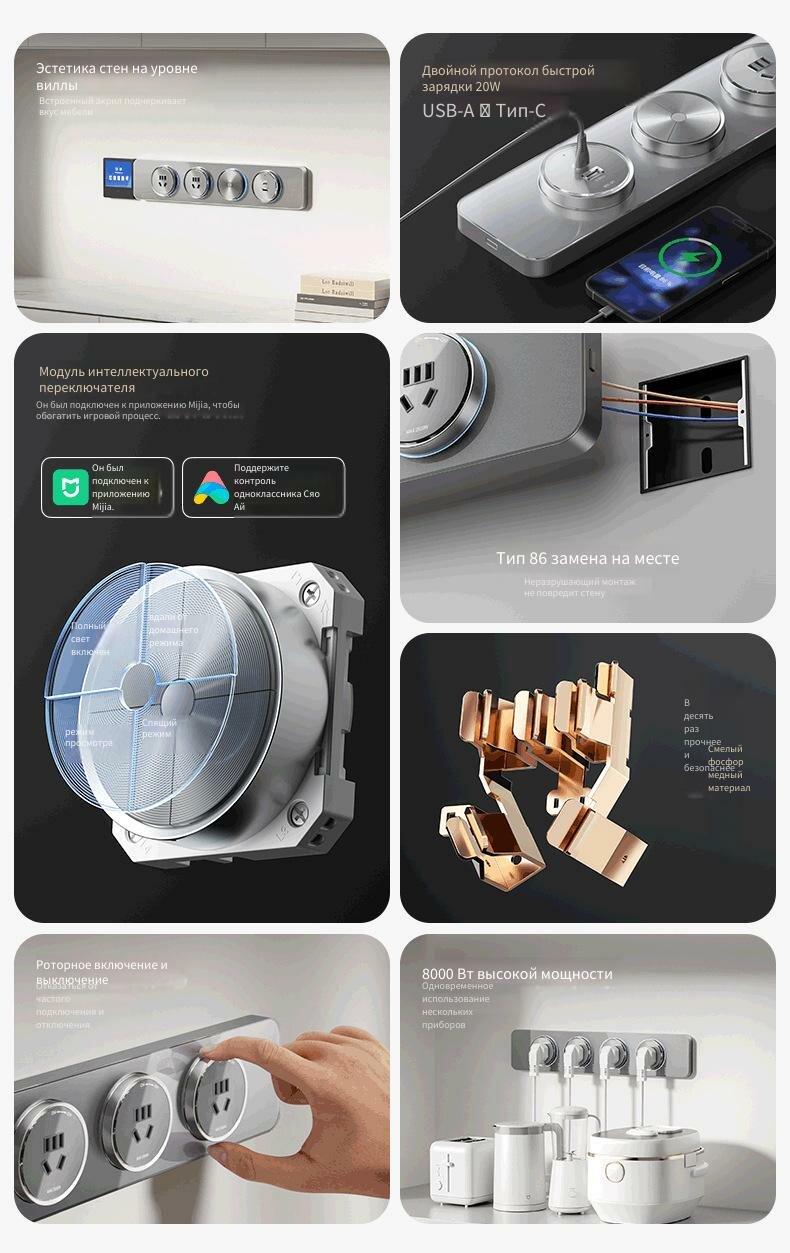 Общий план современной кухни с интегрированной умной розеткой Mijia в интерьере