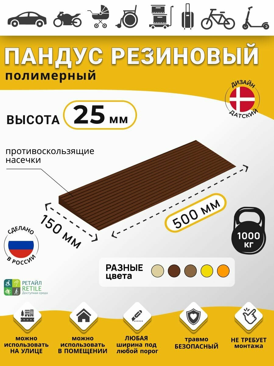 Пандус полимерный рубеж для порогов высотой 2,5 см (25х500х150 мм), темно-коричневый, для колясок, склада и автомобилей