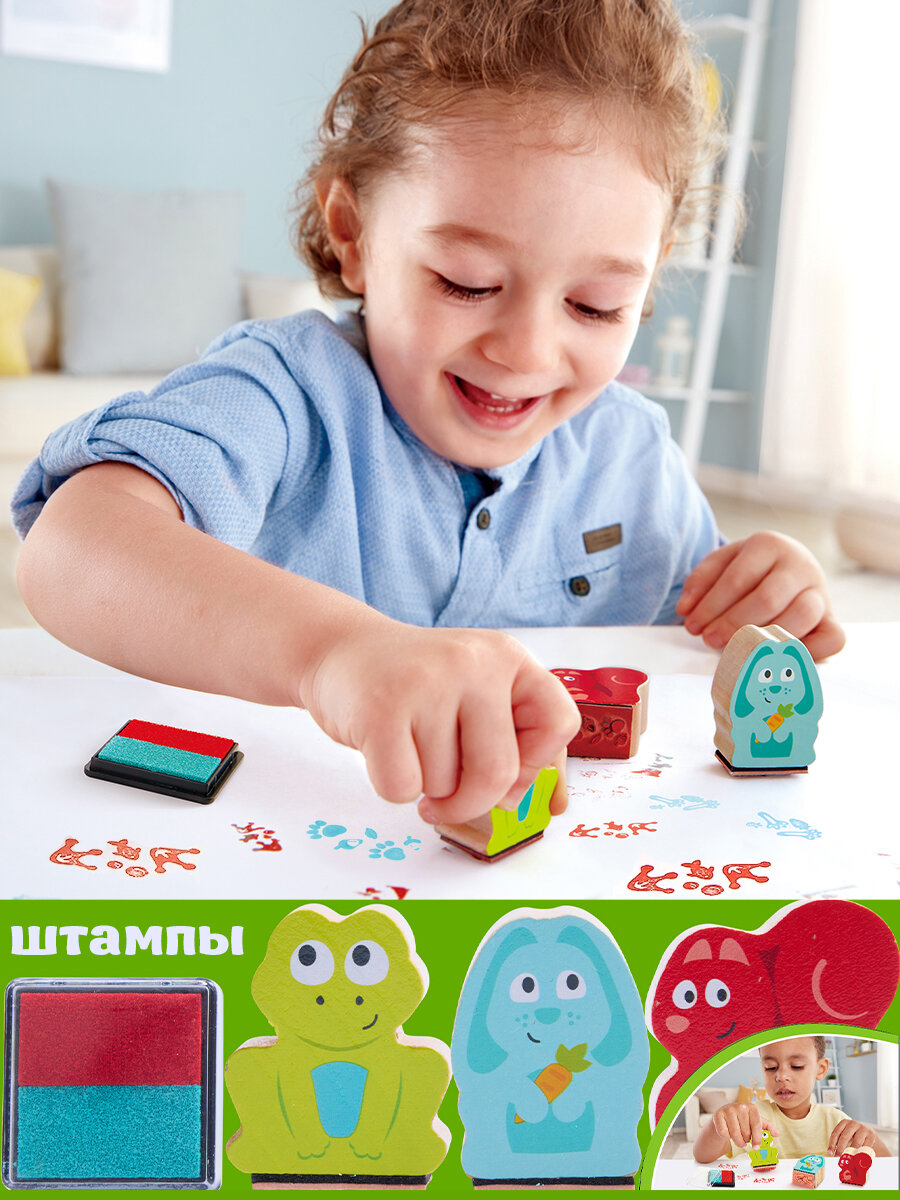 Набор штампов со следами зверей Hape "Зверики", 3 штампа в наборе (следы зайца, белки и лягушки) E1060_HP