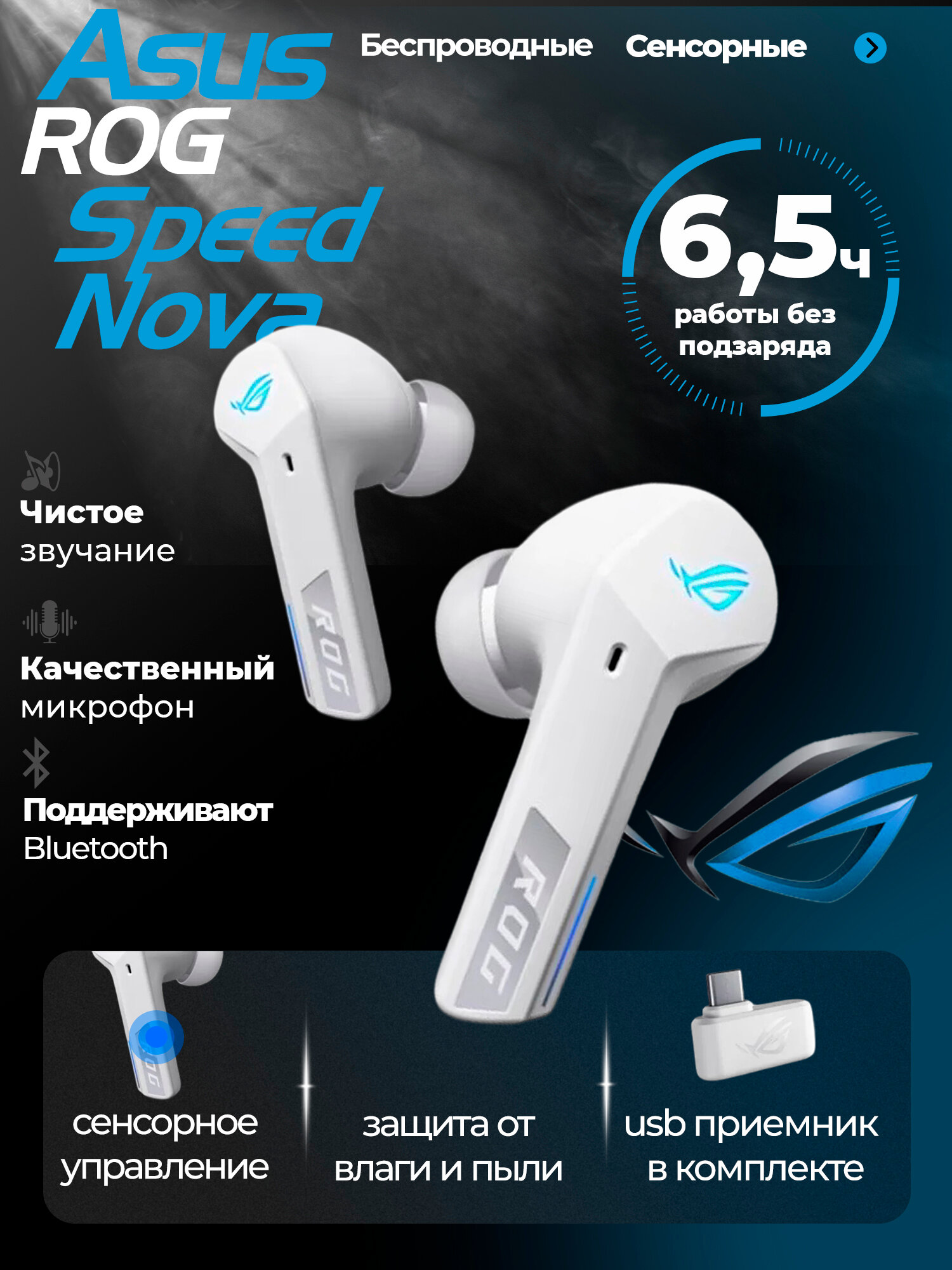 Наушники беспроводные ASUS ROG Cetra TWS SpeedNova (CN версия), Bluetooth, ANC, белый