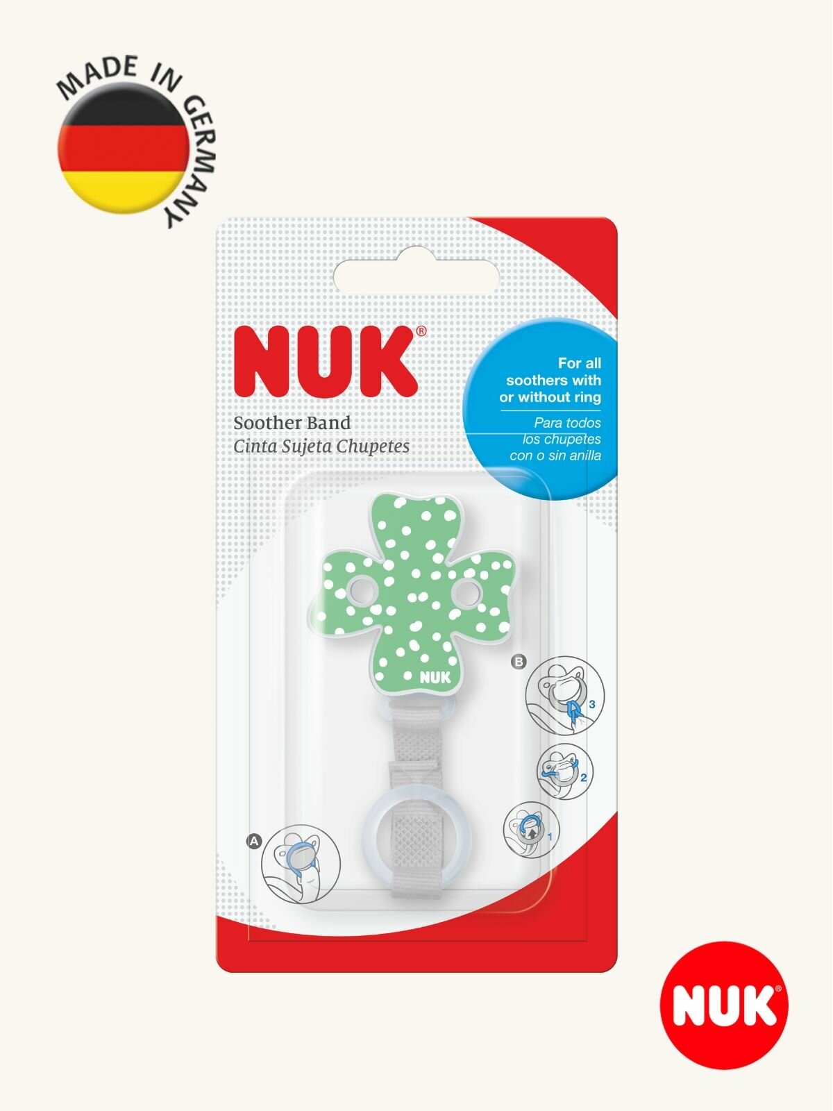 NUK Ленточка-держатель для соски-пустышки с клипсой, зелёная, Германия