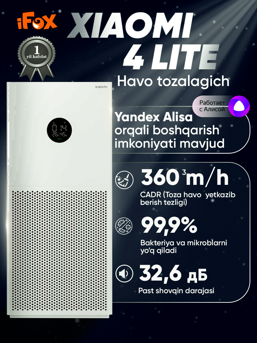 Очиститель воздуха Xiaomi Mijia Smart Air Purifier, угольный, 43м², управление со смартфона