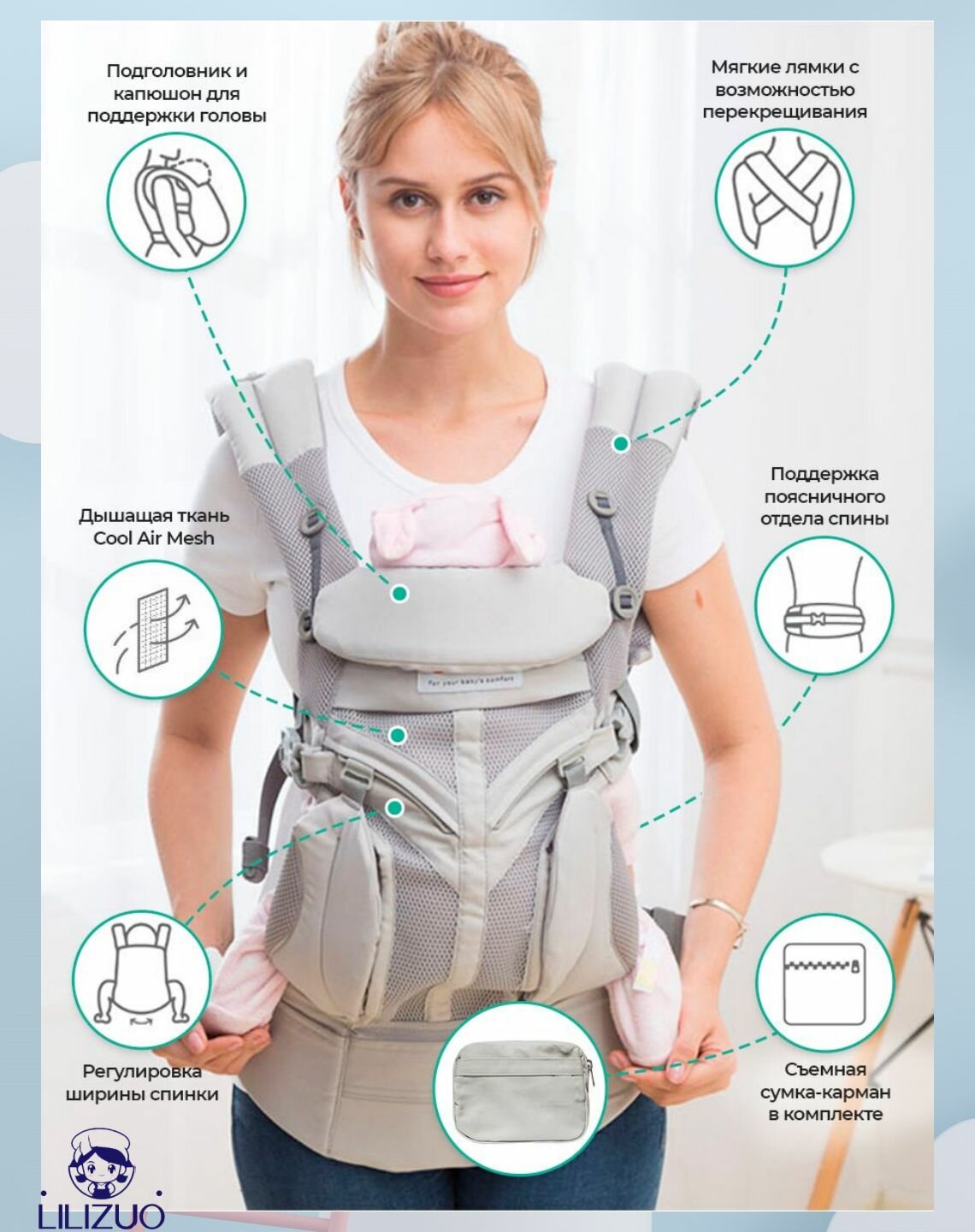 Изображение ЭргоРюкзак кенгуру Aimama Omni 360 - серый