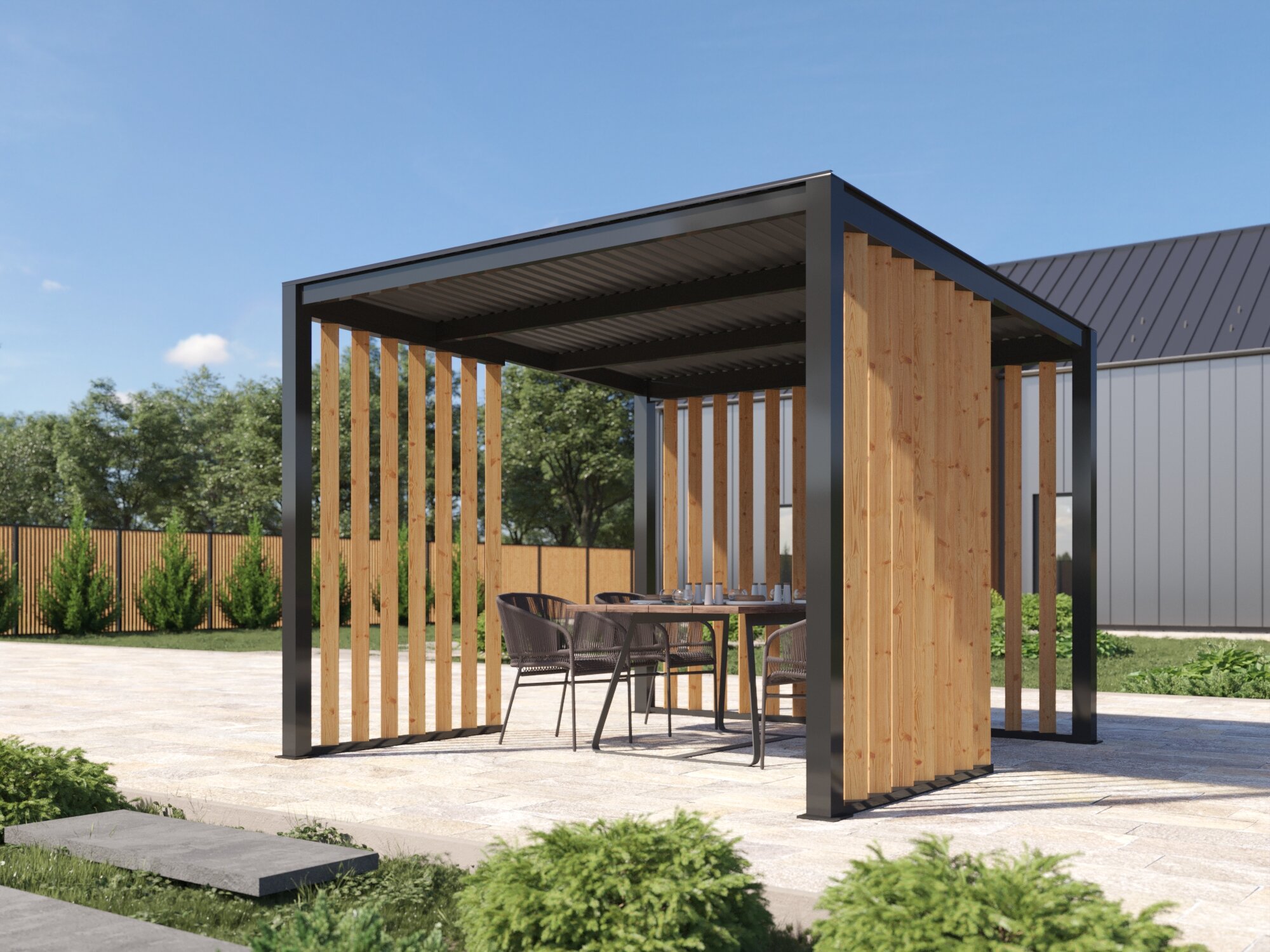 Беседка металлическая LasPergolas "CUBOX", 3x3 м, с крышей и деревянными стенками