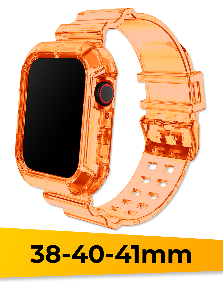 Прозрачный силиконовый ремешок для Apple Watch 1-9, SE, 38-40-41 mm / Сменный браслет на часы Эпл Вотч 1, 2, 3, 4, 5, 6, 7, 8, 9 и СE / Оранжевый