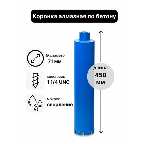 фото Коронка алмазная по бетону 71 х 450 мм 1 1/4 unc мокрый рез, для сверления железобетона и кирпича, бур сверло по бетону gfayt