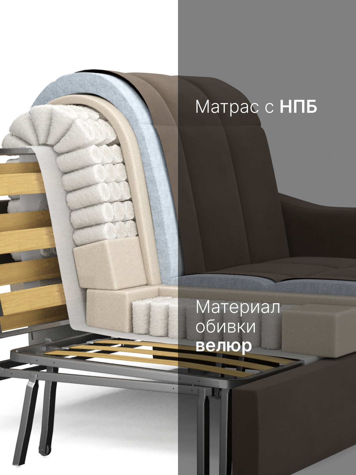 Диван-кровать раскладной с ящиком Прямой, Аккордеон, независимые пружины, 180х200, Стелла, велюр коричневый — фото 1