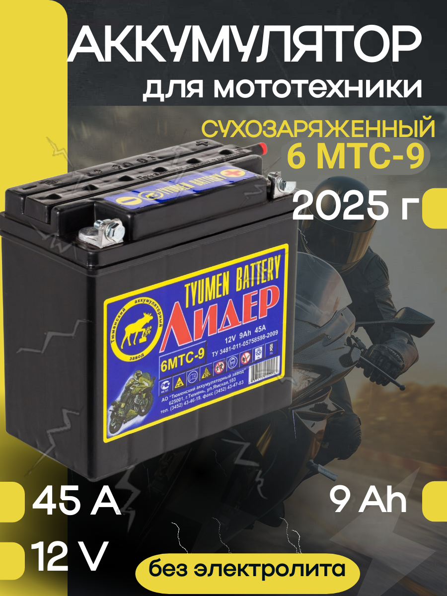 Аккумуляторная батарея для мототехники 6МТС-9 Лидер вывод под болт обратной полярности сухозаряженная (г. Тюмень )