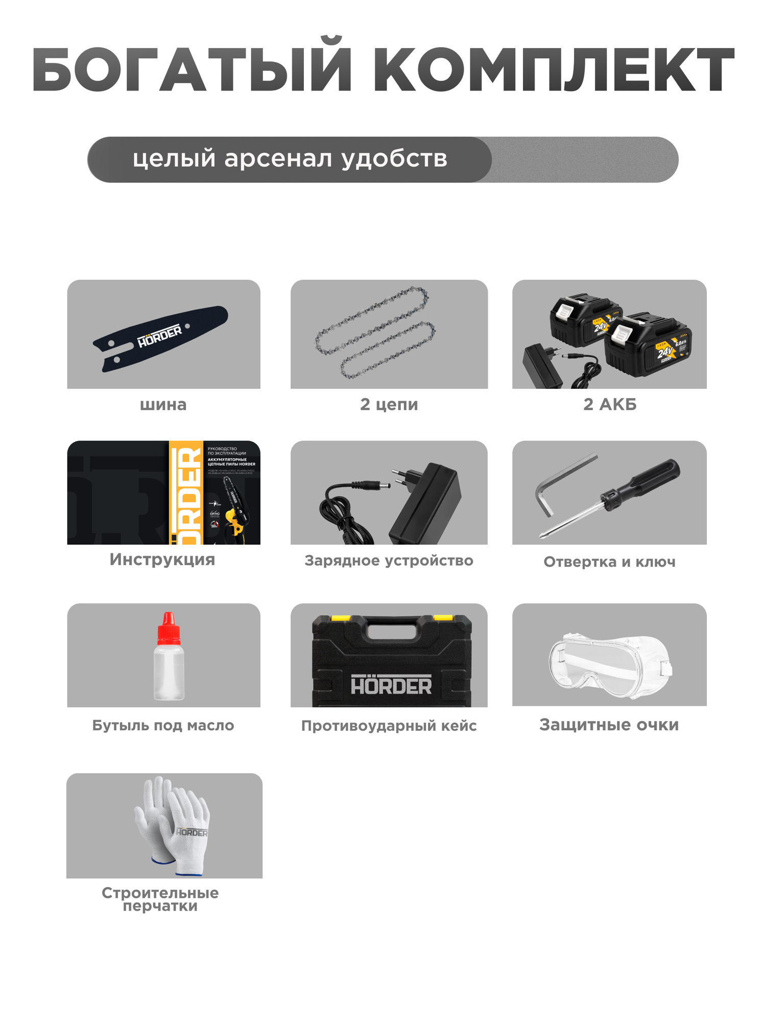 Пила цепная аккумуляторная HÖRDER HS-2430 Li2 ECO шина 12" 2 цепи и 2 аккумулятора в комплекте — фото 1