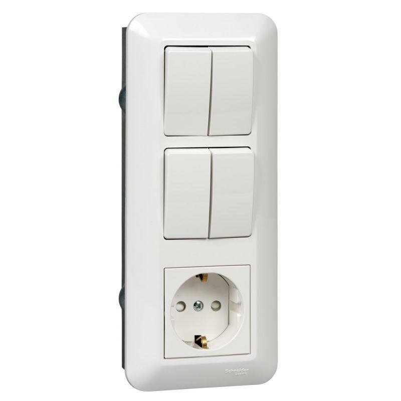 Schneider Electric Schneider Electric Блок выключатель двухклавишный + выключатель двухклавишный + розетка с заземляющим контактом скрытой установки Прима Systeme Electric BK2VR-008B-BI белый