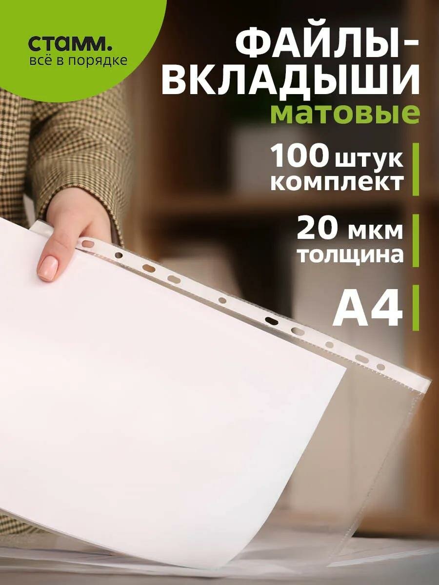 Папки-файлы перфорированные (файл) СТАММ А4, 20 мкм, матовые, прозрачные 100 штук