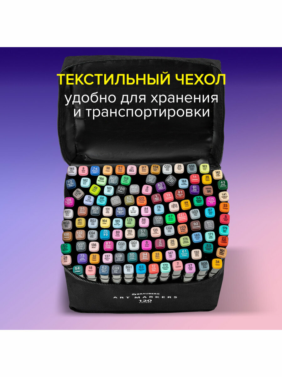 Маркеры / фломастеры для скетчинга / скетчмаркеры для рисования на бумаге двусторонние, Набор 120 штук, текстильный чехол, Brauberg Art Debut, 152234 — фото 1