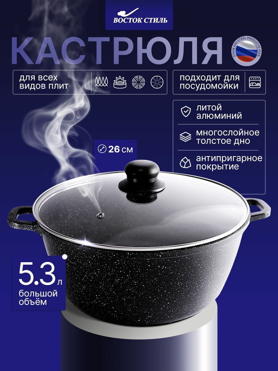Кастрюля с крышкой с антипригарным покрытием из литого алюминия для всех типов плит 5.3 л